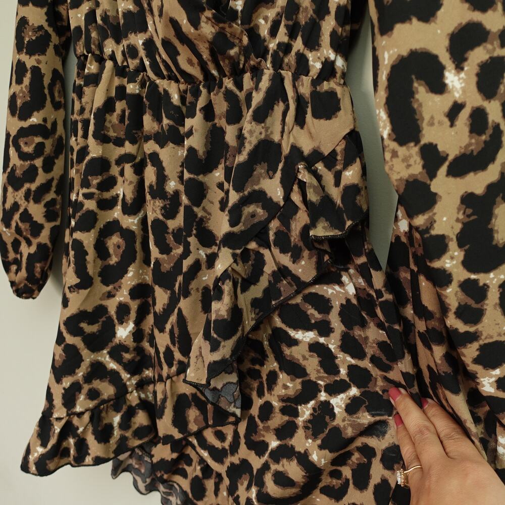 SHEIN LUNE Womens Leopard Print Ruffle Hem Surplice  Dress Brown Black Size L - Picture 6 of 10